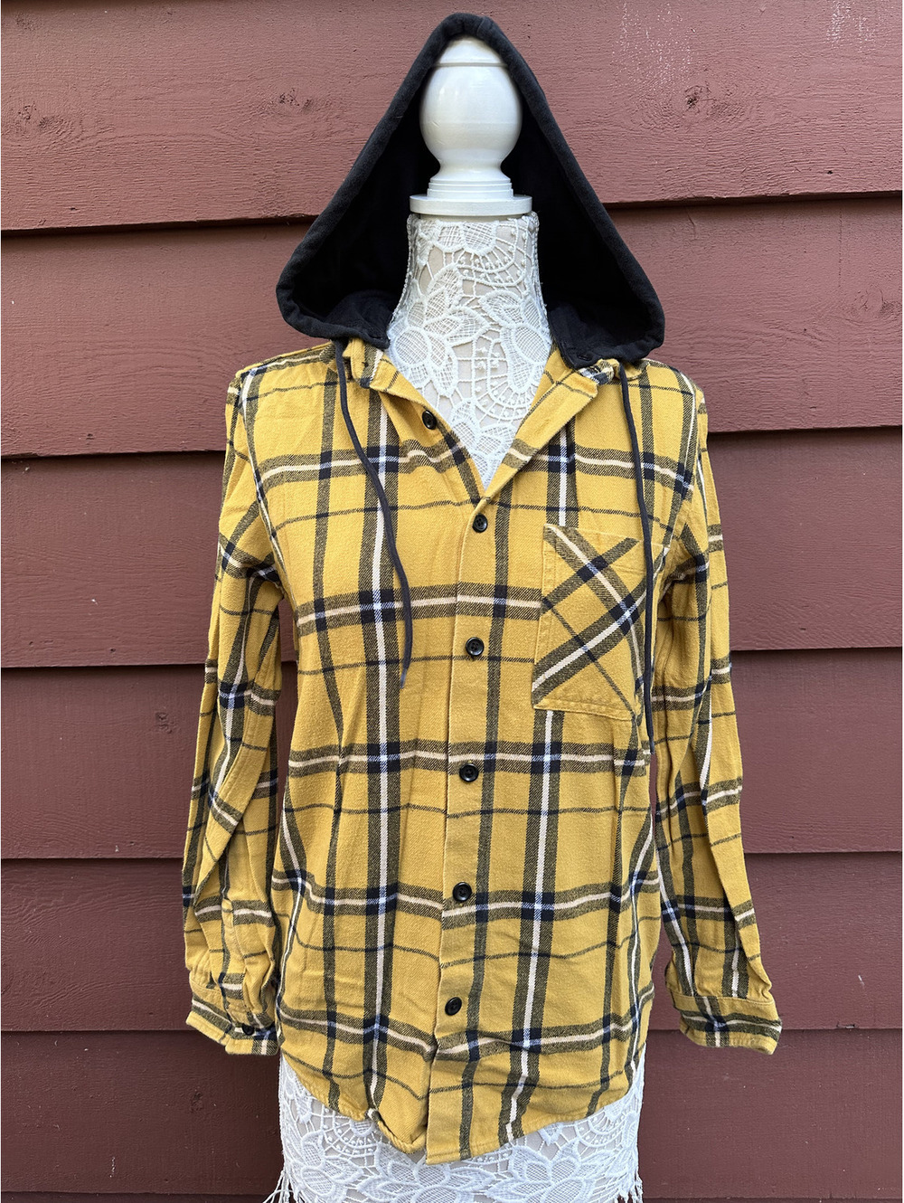 Original Use Long Sleeve Hooded Flannel Shirt Yellow Black White Plaid